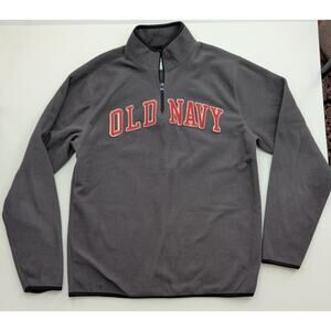 VTG Old Navy Gray Fleece Qtr Zip Pullover Red Embroidered Logo Sz M Black Piping